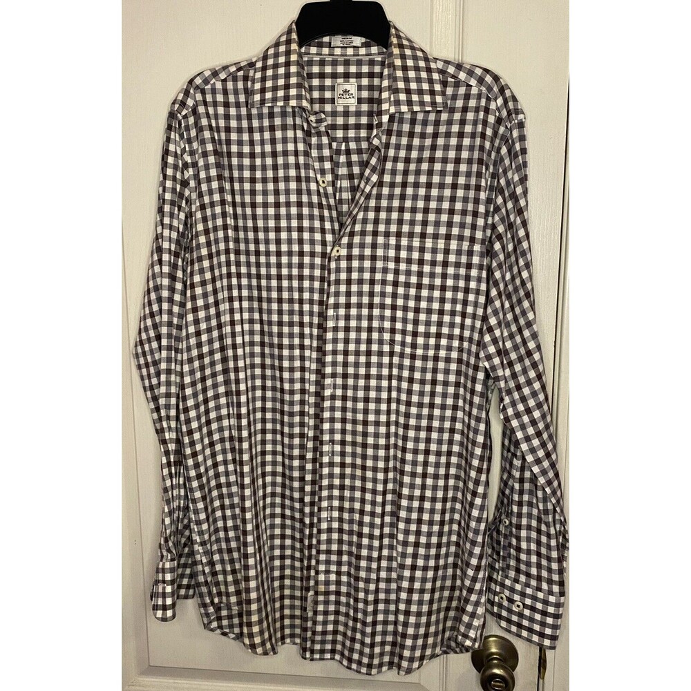 PETER MILLAR  Brown and White Checkered 100% Cotton Button Shirt Men's Medium